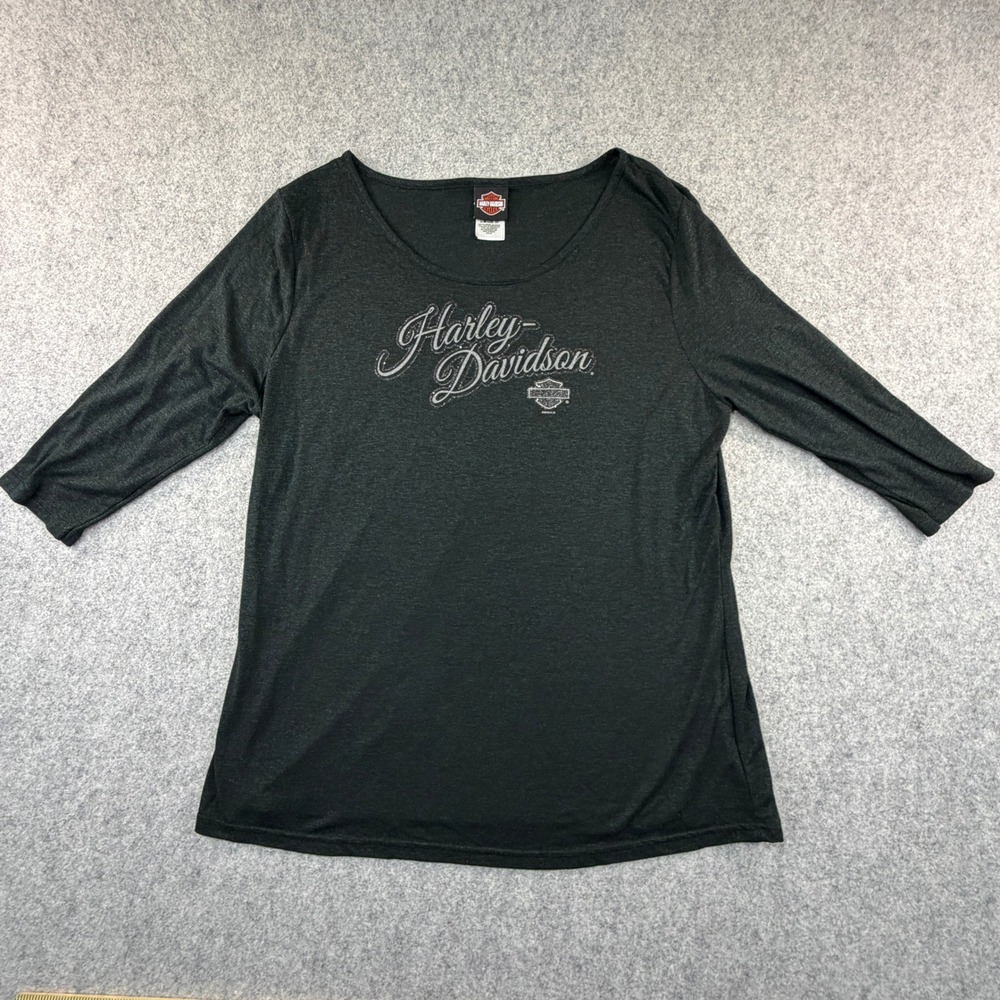 Harley-Davidson Womens 2X Top 3/4 Sleeve Glitter Wings Graphic Tee Black